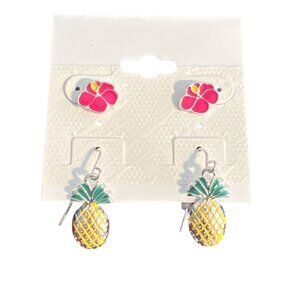 Pineapple Hibiscus Plumeria Stud Dangle Earrings Set Silver Tone Enamel NEW